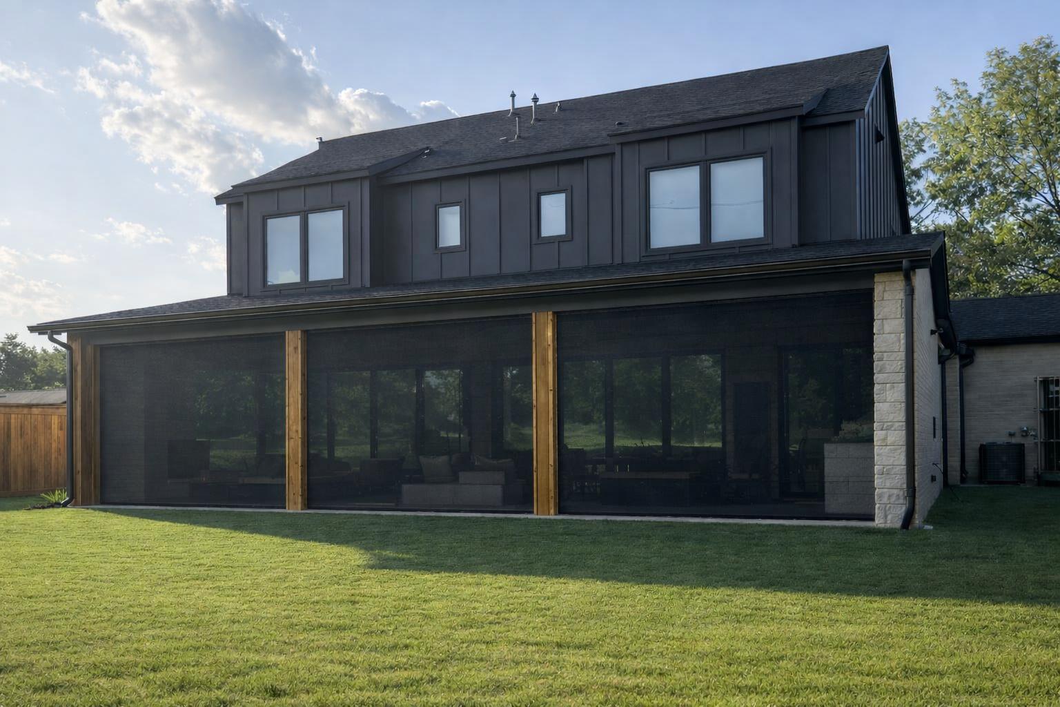 Exterior view of home with V-Track screens